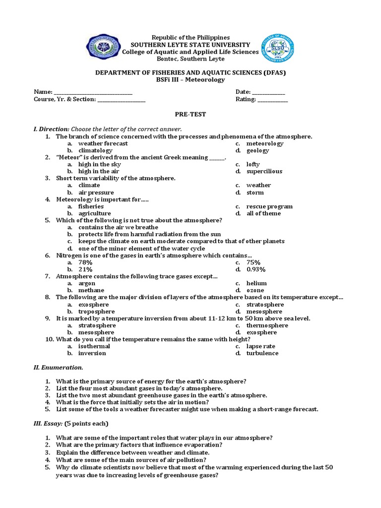 Pretest For Meteorology | PDF | Atmosphere Of Earth | Atmosphere