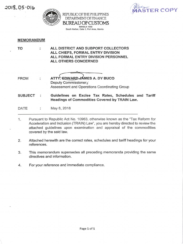 Mem201805016 Guidelines On Excise Tax Rates Schedules PDF