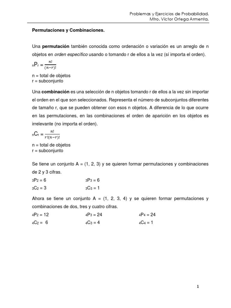 Ejercicios de Permutaciones y Combinaciones | PDF | Matemáticas