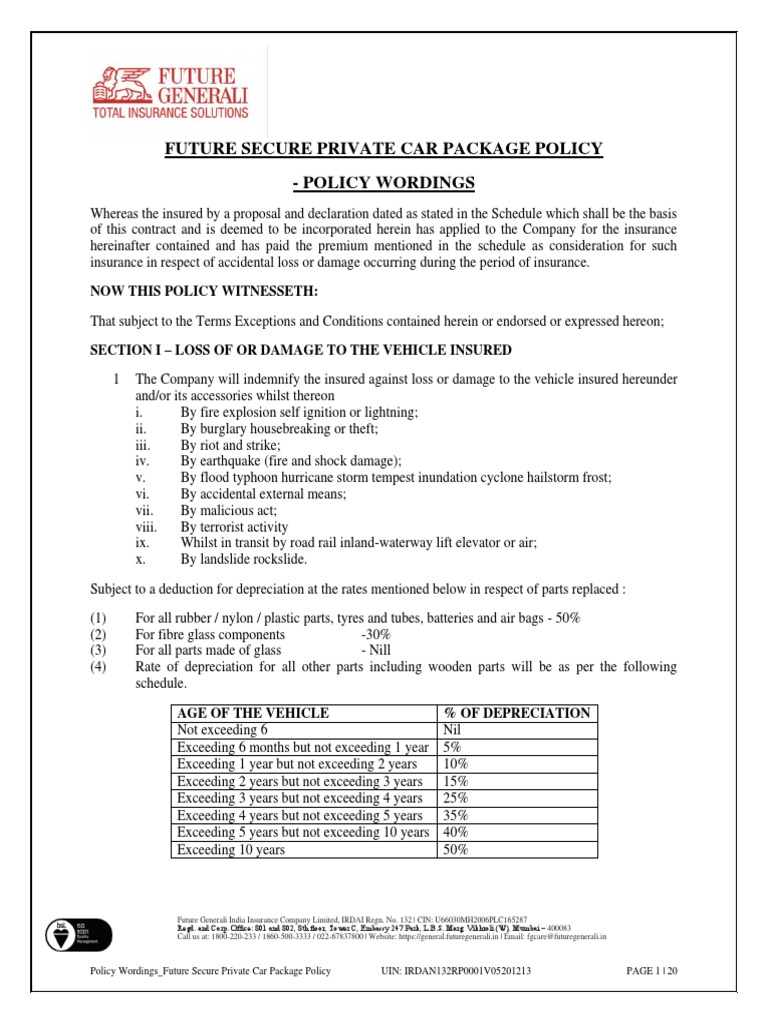 Future Secure Private Car Package Policy Policy Wordings Download Free PDF Indemnity Insurance