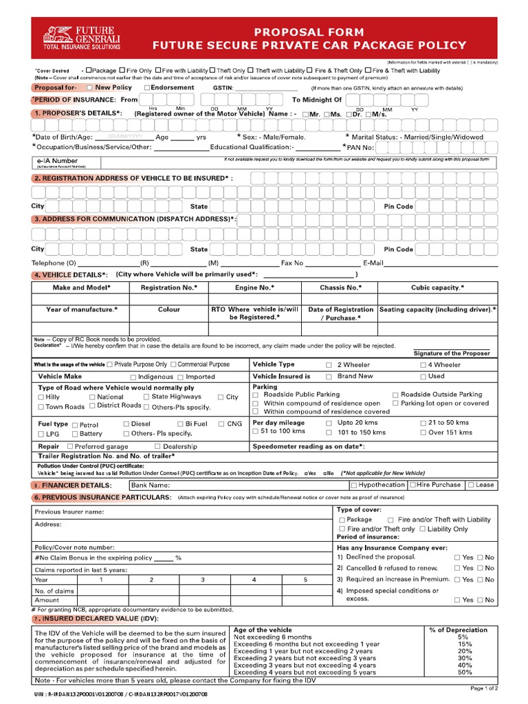 Future Secure Private Car Policy Form | PDF