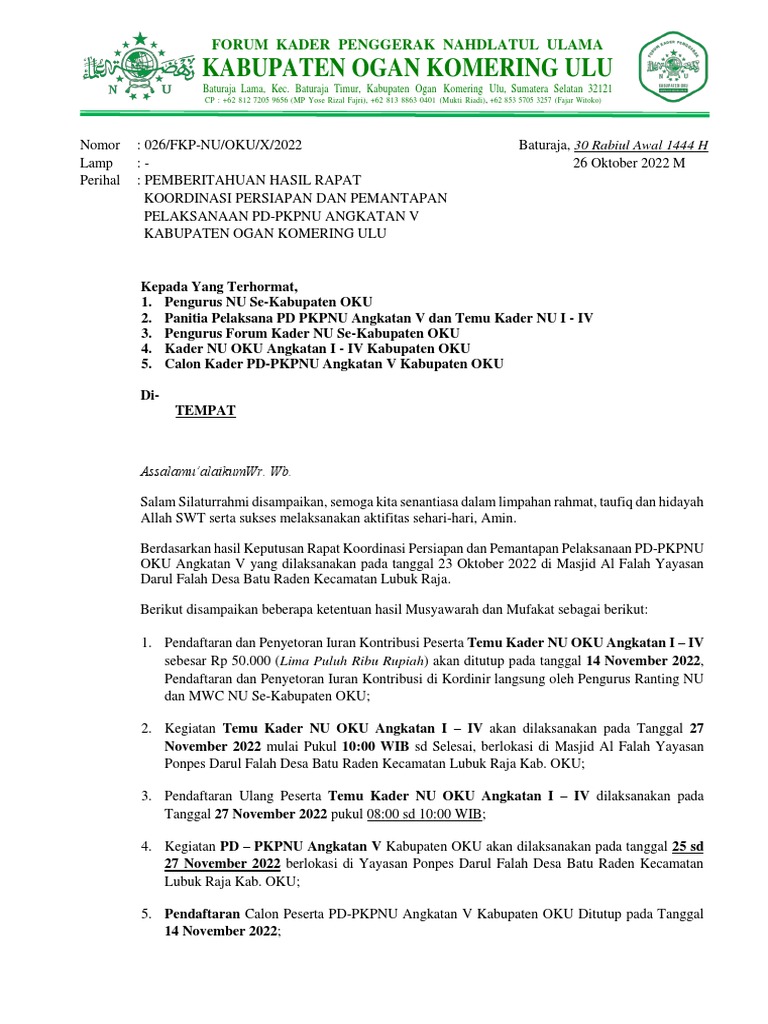 Surat Pemberitahuan Hasil Rapat Koordinasi Persiapan dan Pemantapan ...