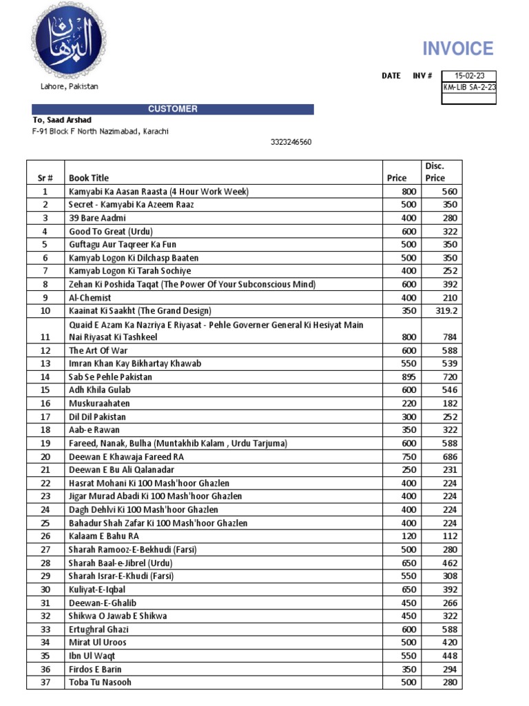 Urdu Book Invoice for Saad Arshad | PDF