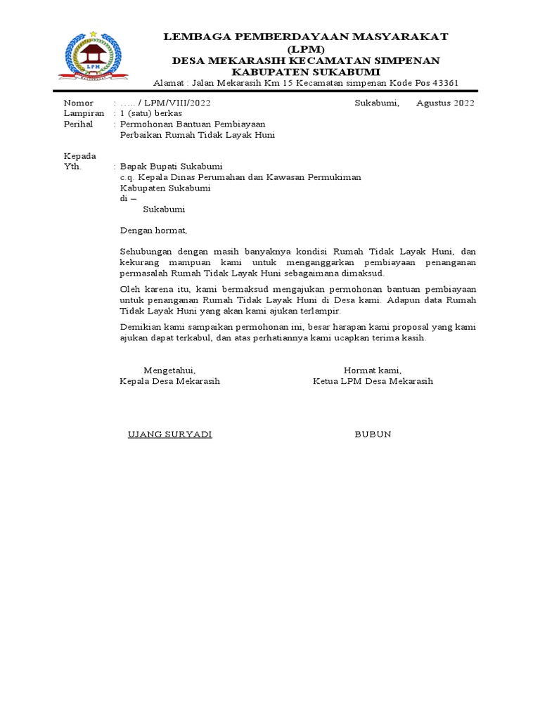 Format Surat Permohonan Bantuan RTLH-LPM | PDF