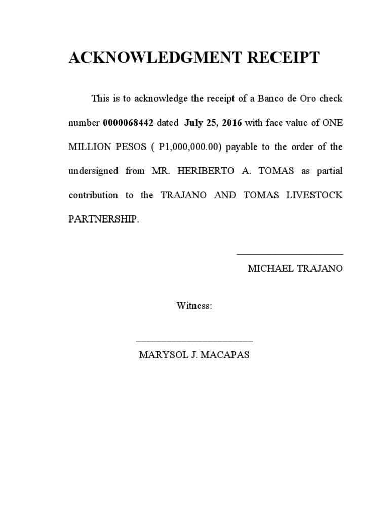 Acknowledgment Receipt for Check Payment | PDF