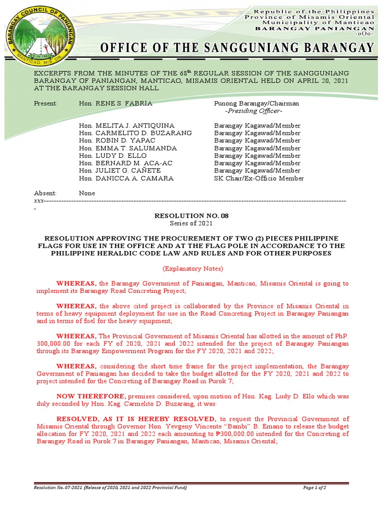 Resolution No. 08-2021 (Procurement of Philippine Flag) | PDF