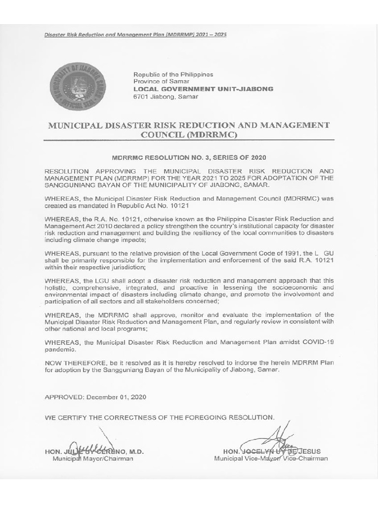 1.4 MDRRMC Resolution Approving the MDRRM Plan 2021-2025 | PDF