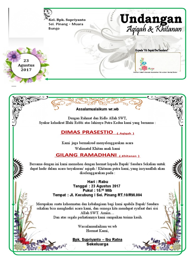 Undangan Aqiqah Dan Khitanan | PDF