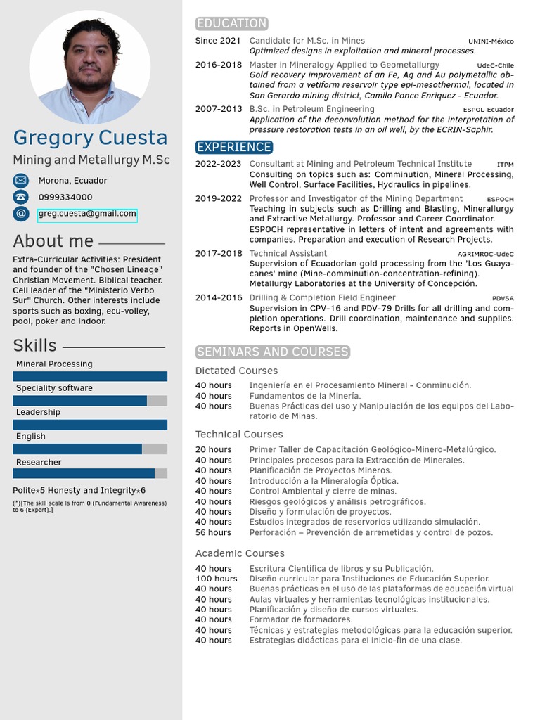 Mining and Metallurgy M.Sc. - CV Gregory Cuesta A. | PDF | Mining | Oil ...