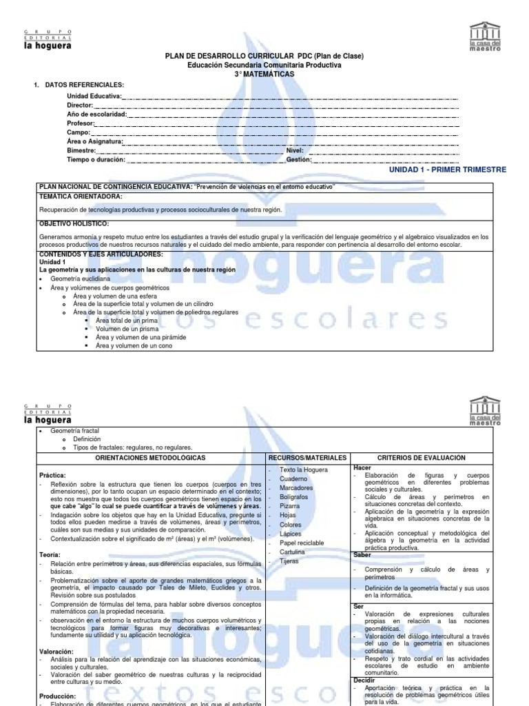 Plan de Desarrollo Curricular PDC (Plan de Clase) Educación Secundaria ...
