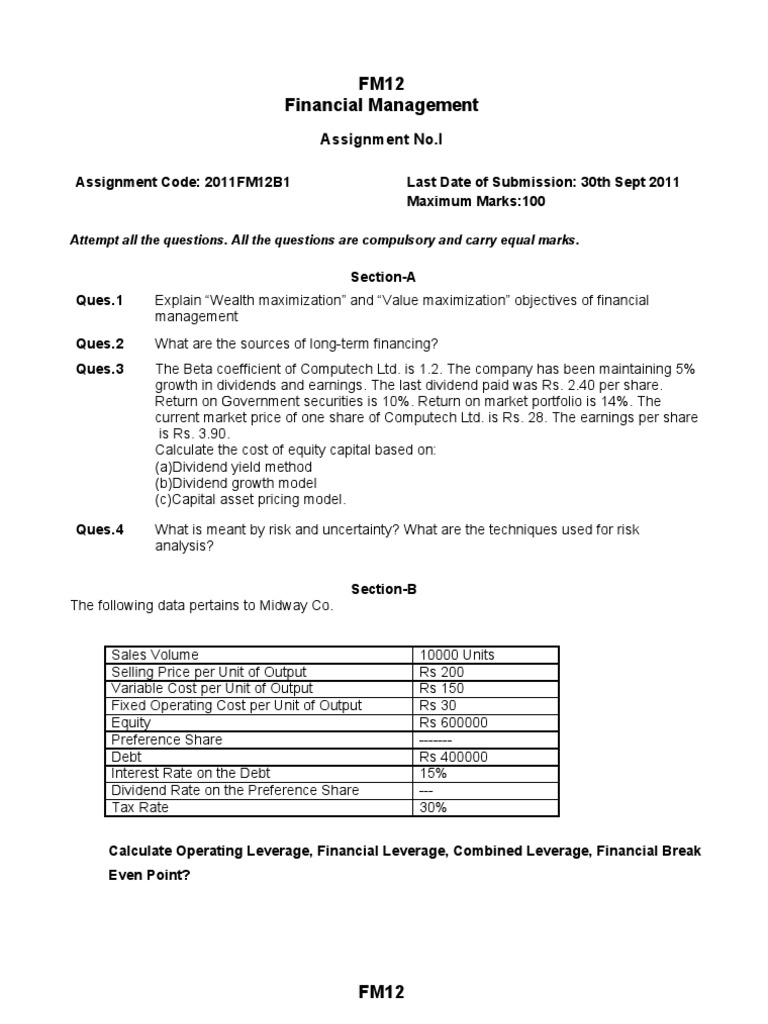Financial Management Assignment Overview | PDF | Business | Finance ...