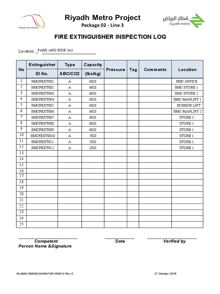M-ANM-300000-GH00-FOR-000014 Rev 0 - Fire Extinguisher Inspection Log ...