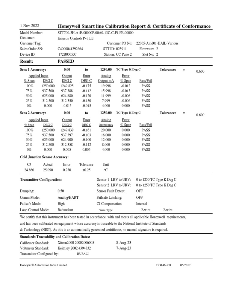 Honeywell Smart Line Calibration Report & Certificate of Conformance
