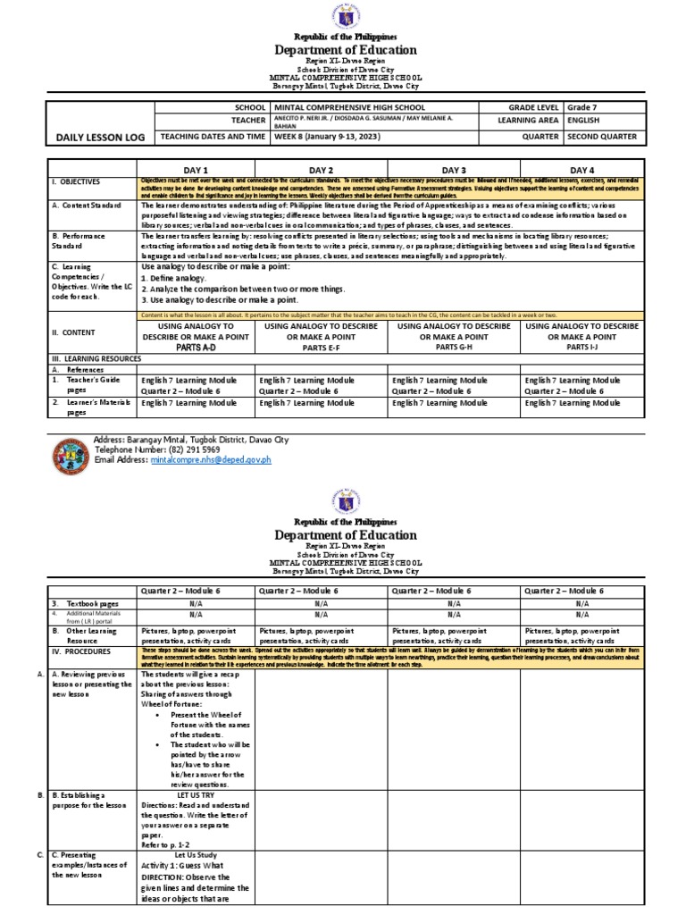 English 7 DLL Q2 Week 8 | PDF | Analogy | Learning