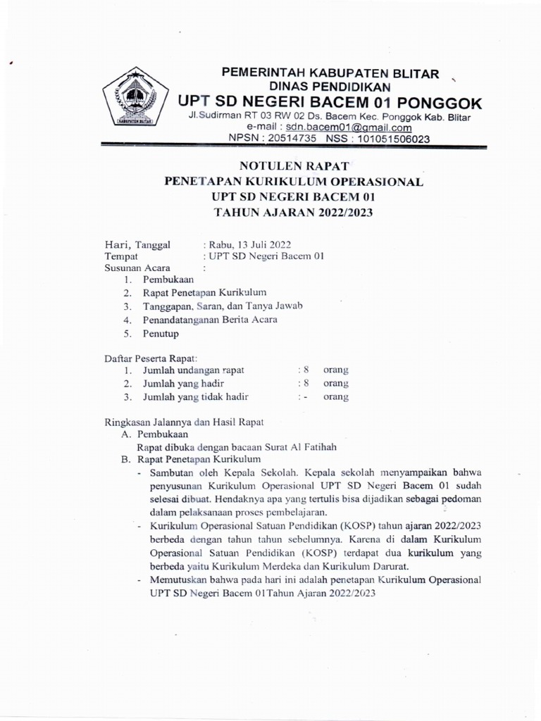 1 Notulen Raker Penyusunan Kurikulum Sekolah | PDF