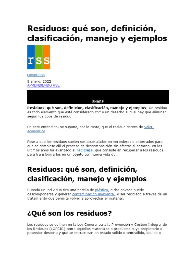 Clasificación y manejo de residuos sólidos | PDF | Residuos | Residuos ...