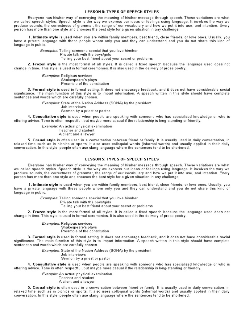 Lesson 5 Speech Styles Pdf Speech Conversation