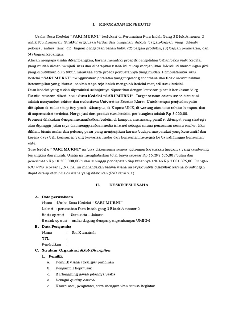Contoh Rencana Usaha | PDF