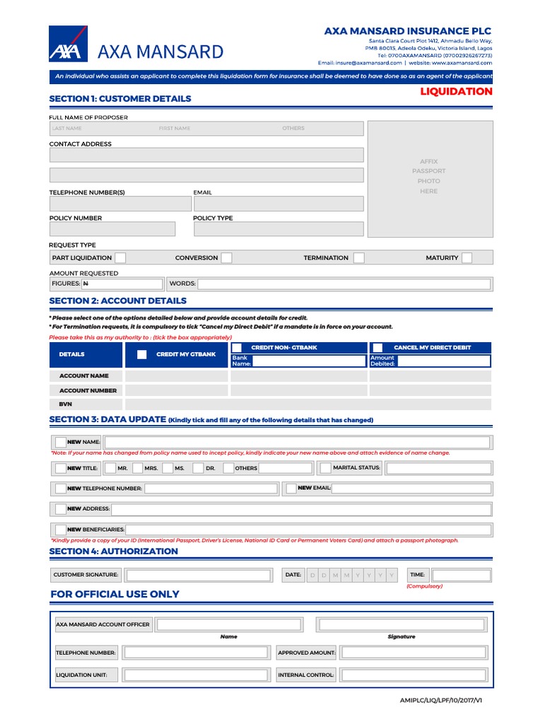 AXA Mansard Liquidation Form Guide | PDF | Identity Document | Service ...