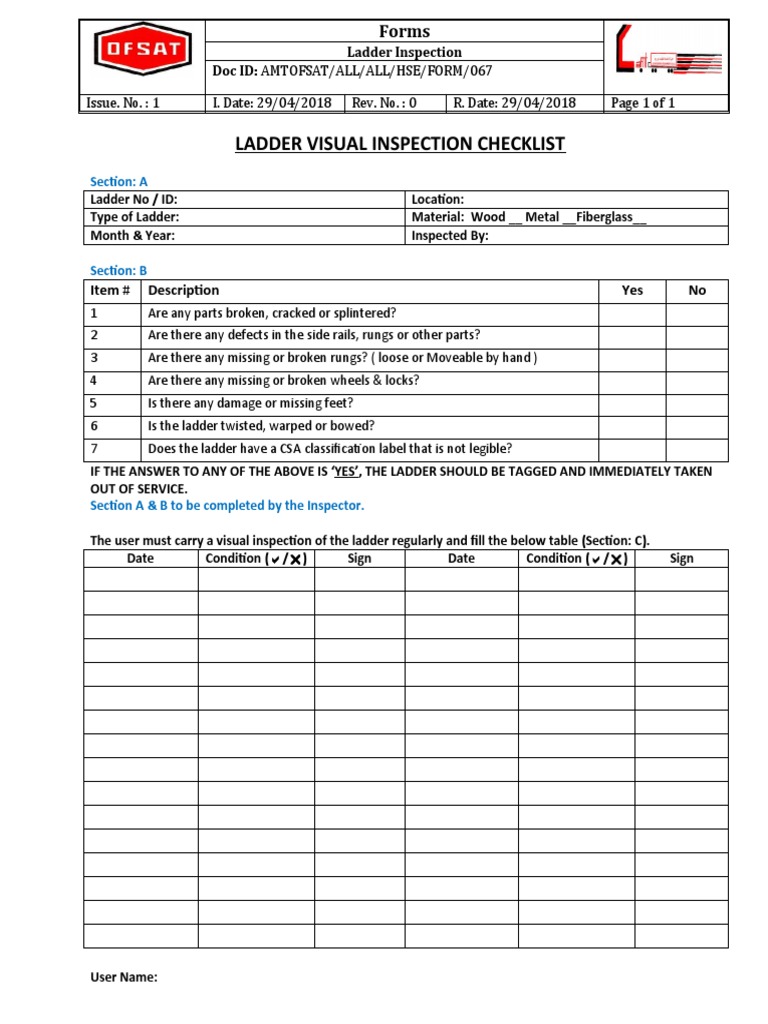 Form No 67 Ladder Inspection Checklist PDF