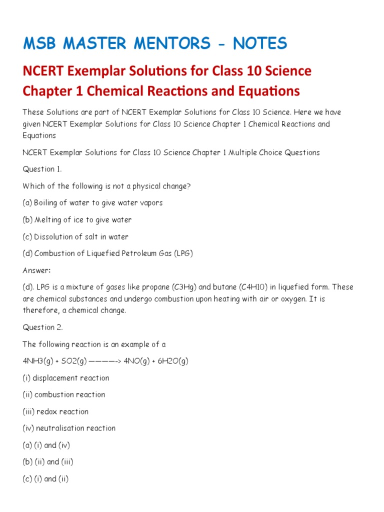 MSB Examplar Questions Class X | PDF | Chemical Reactions | Chlorine