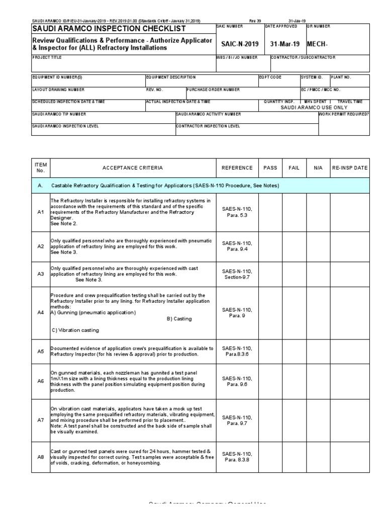 Refractory Installation Qualification Checklist PDF Refractory