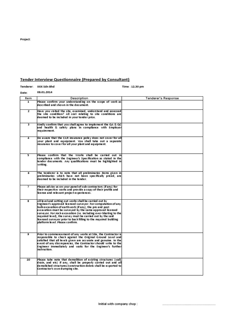 Tender Interview Questionnaire Overview | PDF | Deep Foundation | Business