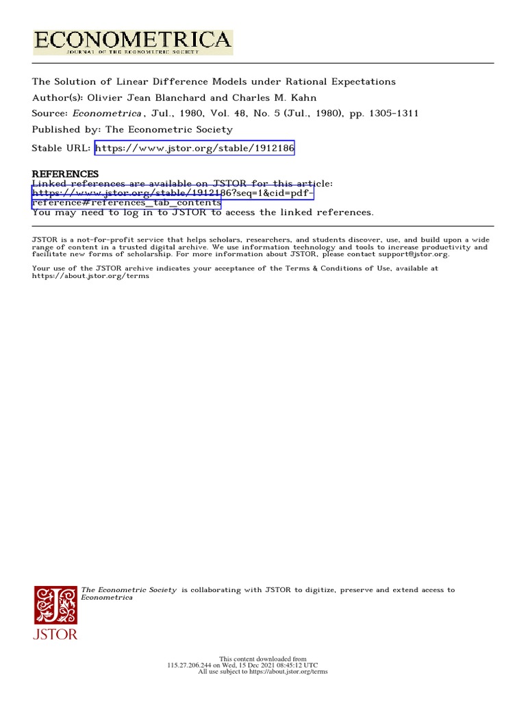 The Solution of Linear Difference Models Under Rational Expectation ...