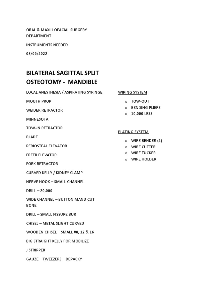 Instrument List for a Bilateral Sagittal Split Osteotomy Procedure of ...