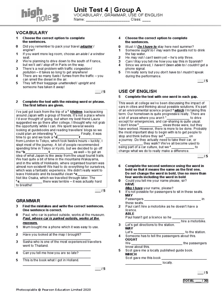 HighNote3 Unit Language Test Unit04 GroupA | PDF | English Language