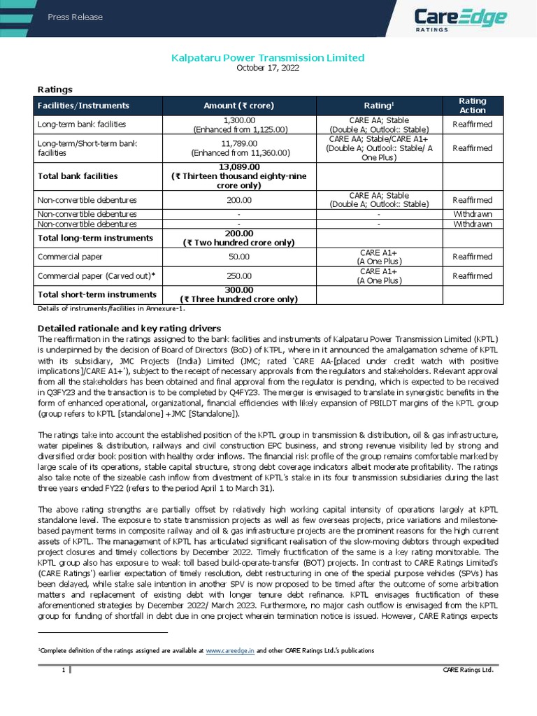 Kalpataru Power Transmission Limited PDF Debt Financial Capital