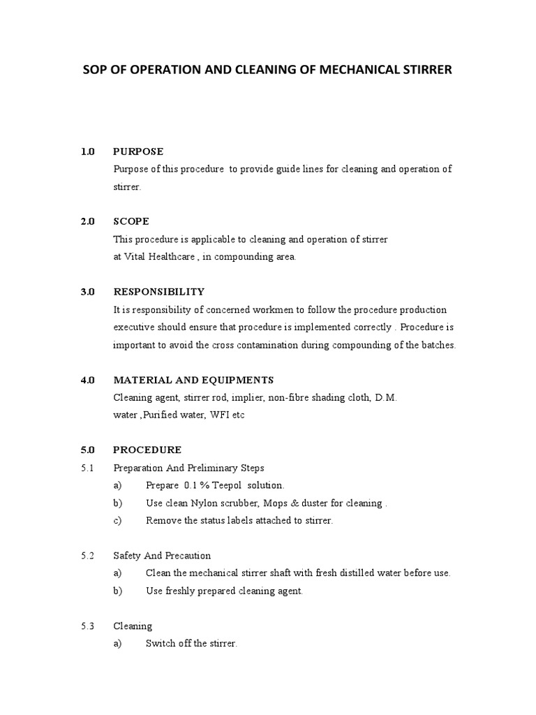 Sop of Operation and Cleaning of Mechanical Stirrer | PDF | Chemistry ...
