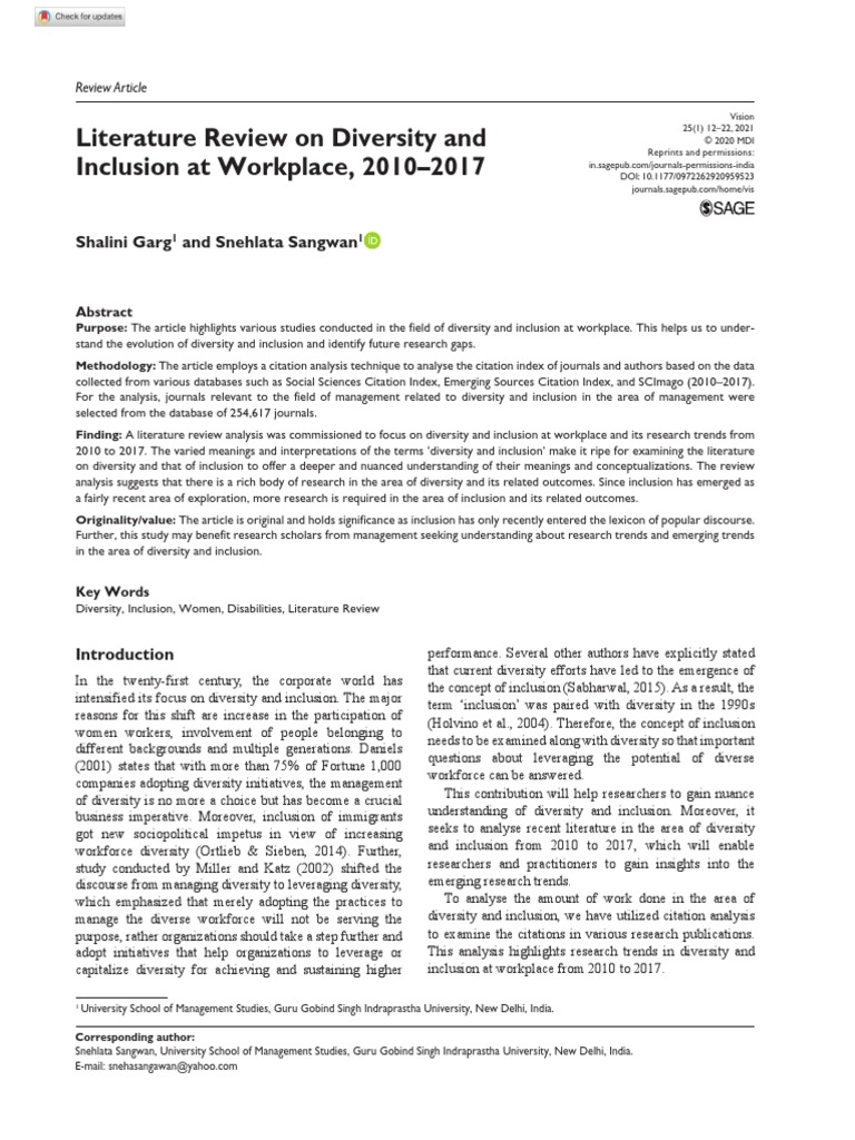 Literature Review On Diversity and Inclusion at Workplace, 2010-2017 ...