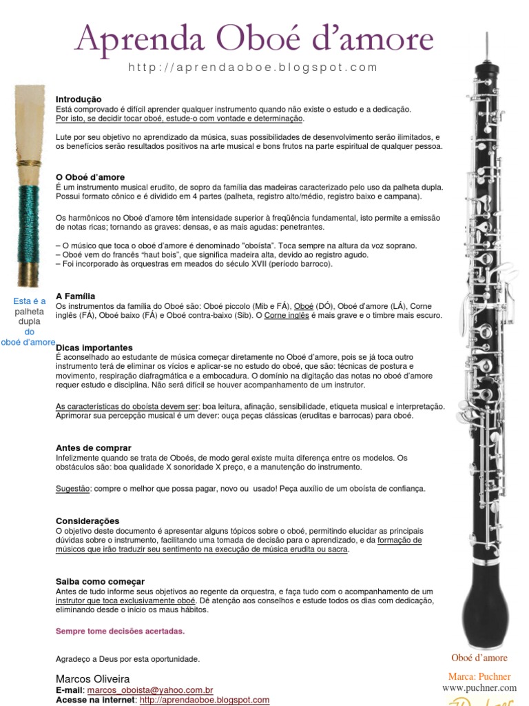 Aprenda Oboé damore Guia de Introdução Oboé Instrumentos musicais