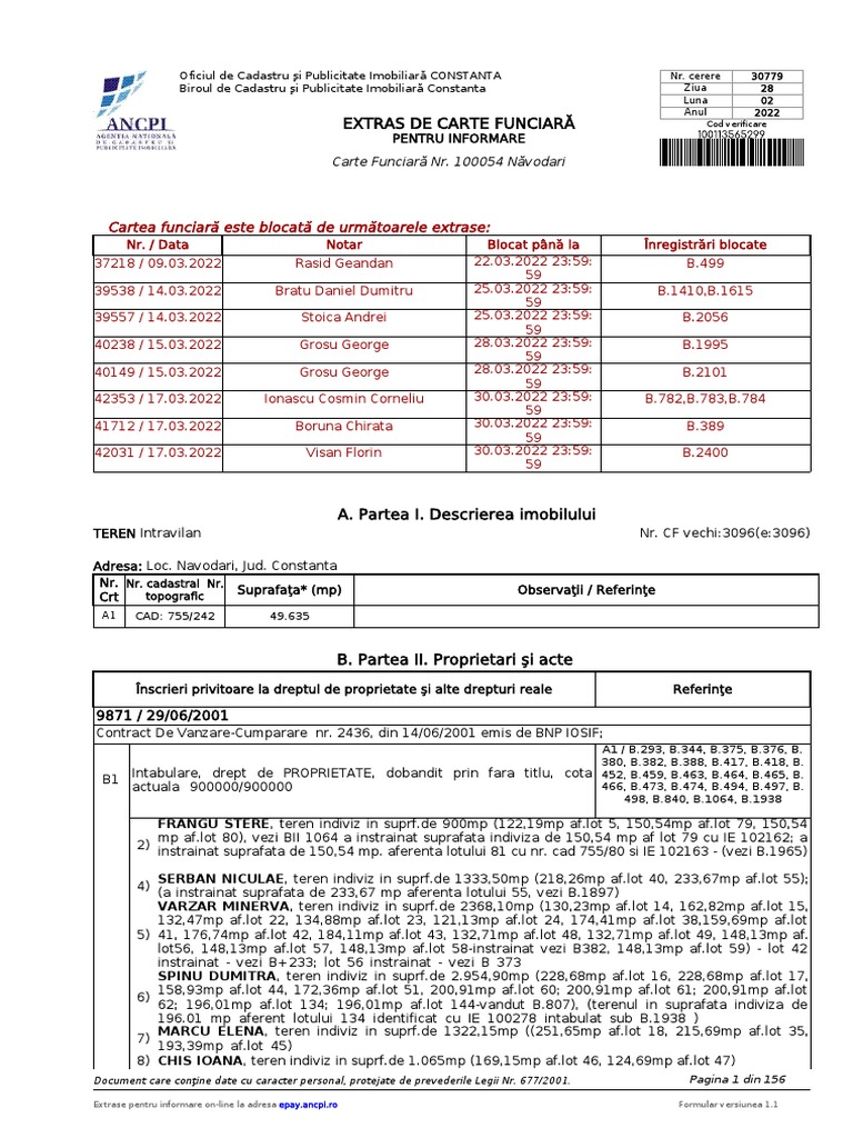 Cartea Funciară Este Blocată de Următoarele Extrase | PDF