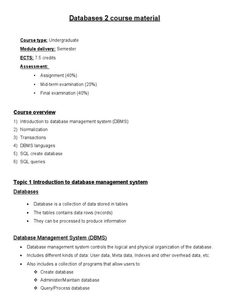 Databases 2 Course Material PDF Databases Database Transaction
