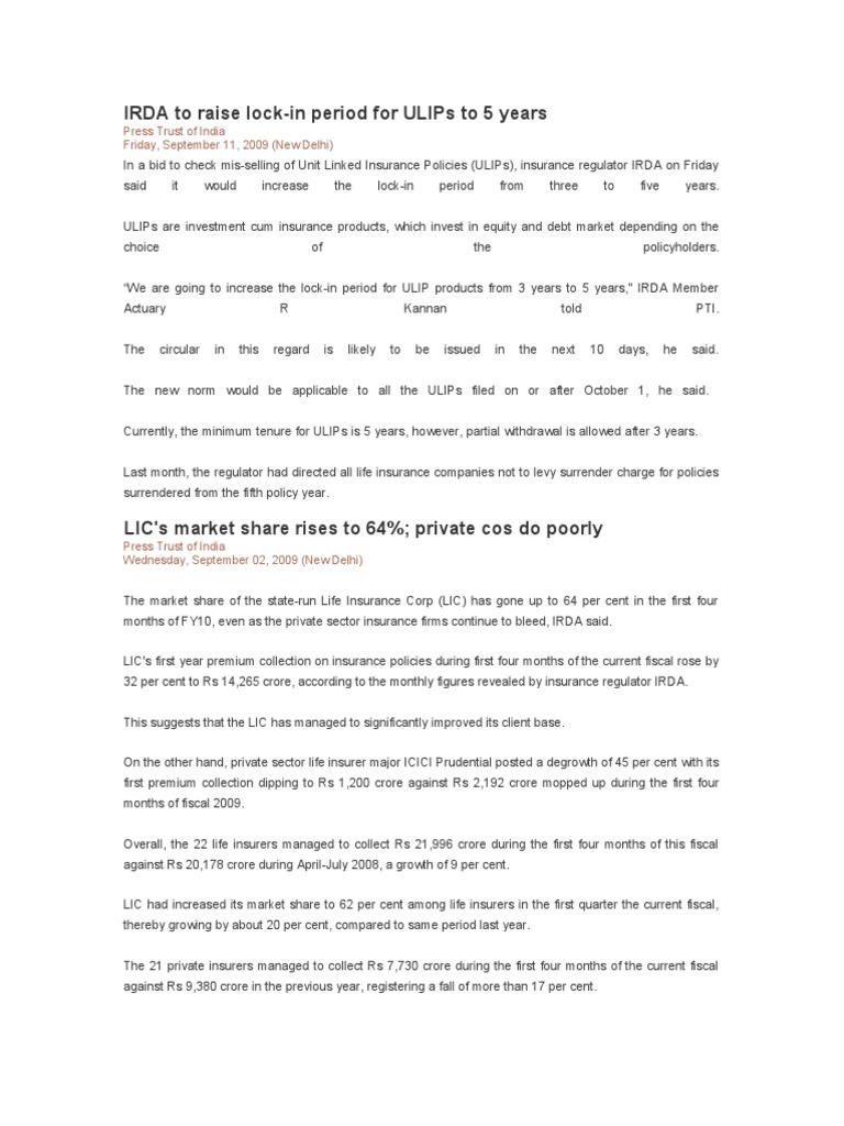 IRDA to raise lockin period for ULIPs to 5 years from 3 years PDF Insurance Private Sector