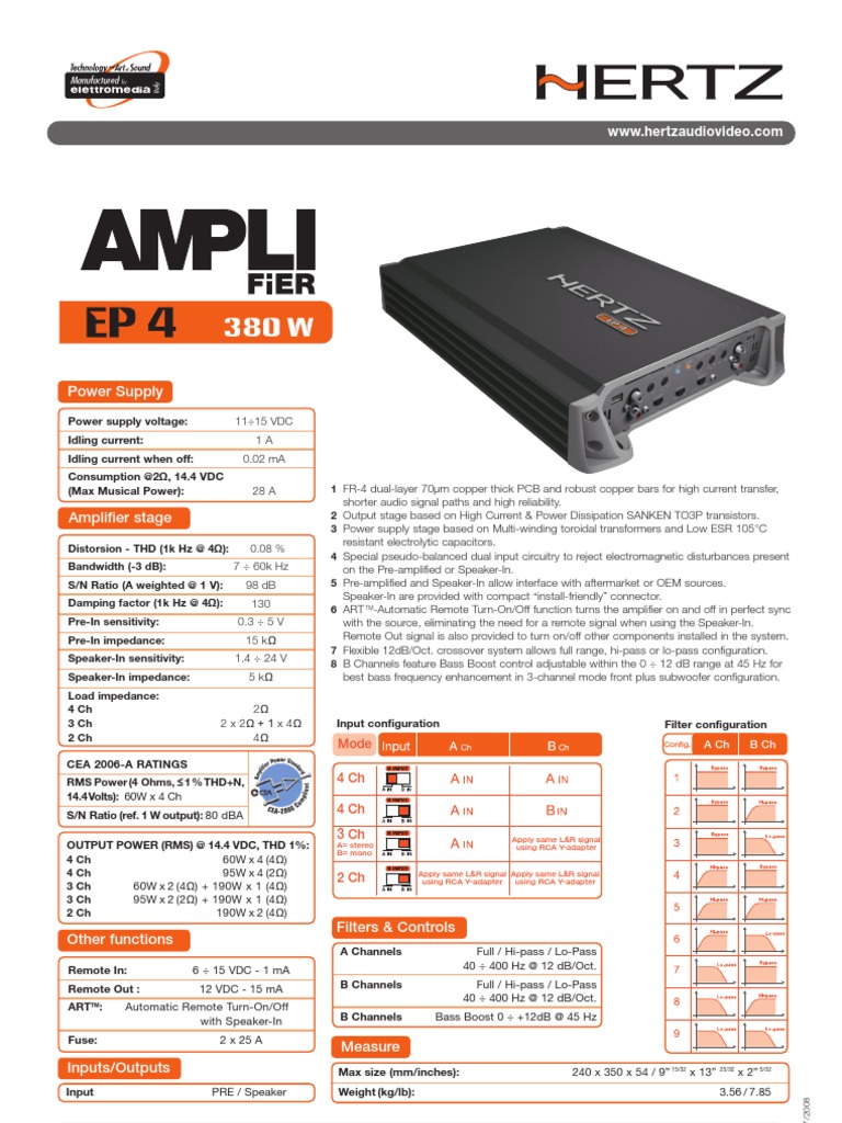 HERTZ EP 4 アンプ Hertz EP 4 Channel Amplifier Specs | PDF | Amplifier | Electrical