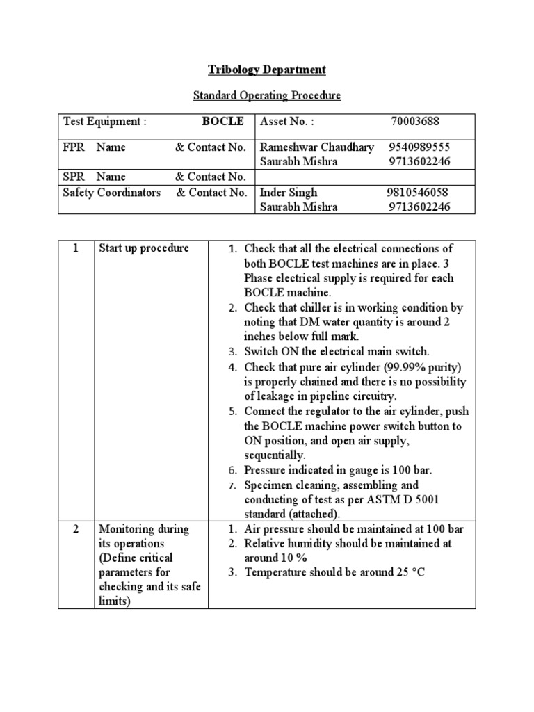 Tribology Department SOP for BOCLE Test Equipment | PDF | Switch ...