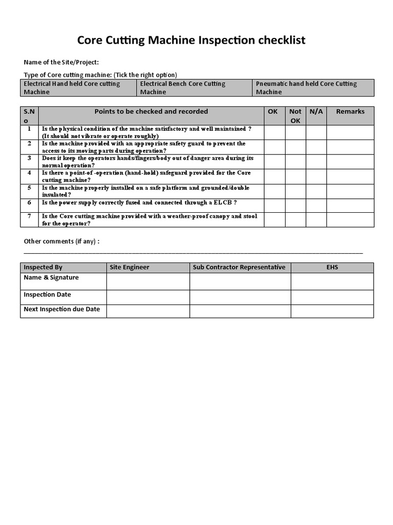 Core Cutting Machine Checklist Ver00 | PDF