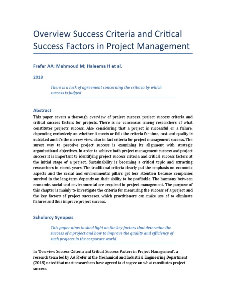 Overview Success Criteria and Critical Success Factors in Project ...