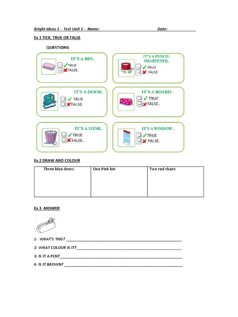 Bright Ideas 1 Unit 1 Test | PDF