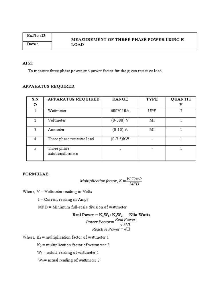 Three Phase Power Measurement Experiment PDF