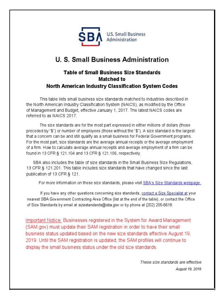 SBA Table of Size Standards Effective Aug 19, 2019 Rev Download