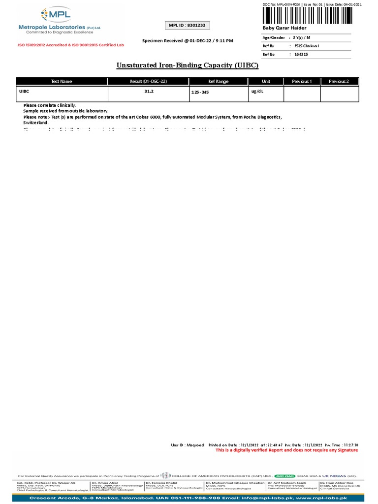 Unsaturated IronBinding Capacity (UIBC) Test Name Result (01DEC22