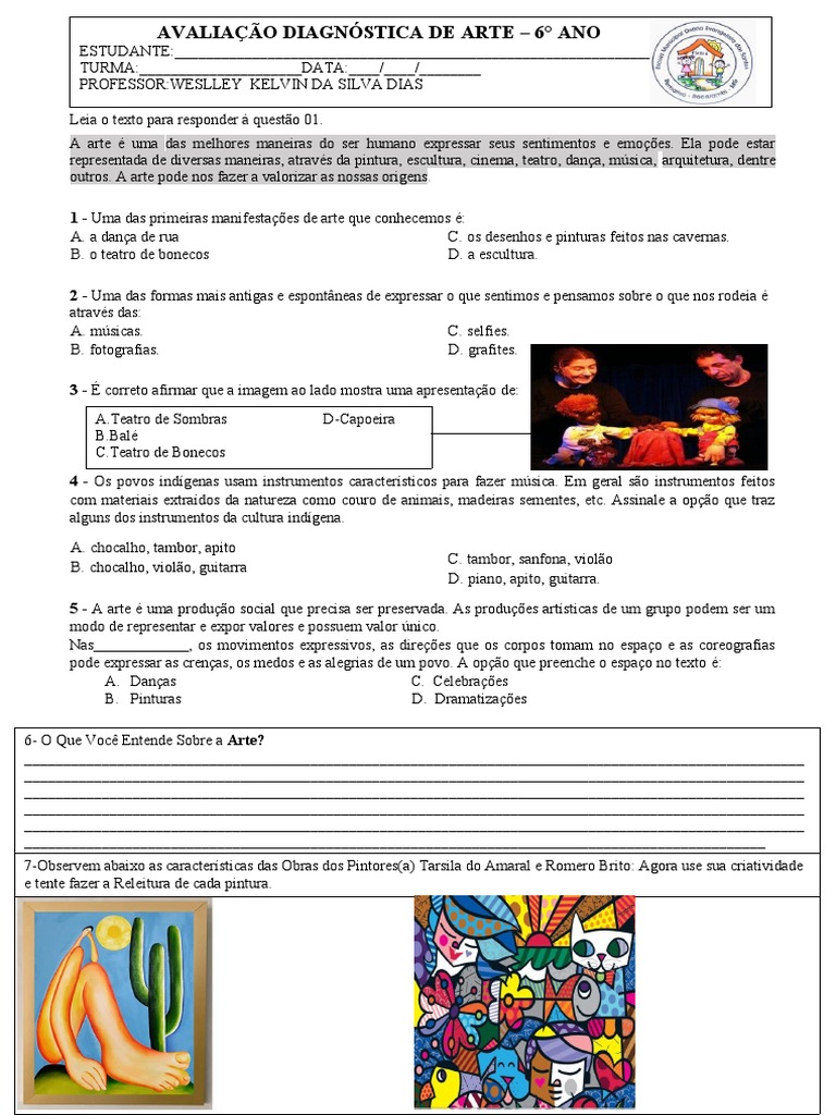 Avaliação 6° Ano Arte 2022 | PDF | Danças | Pinturas