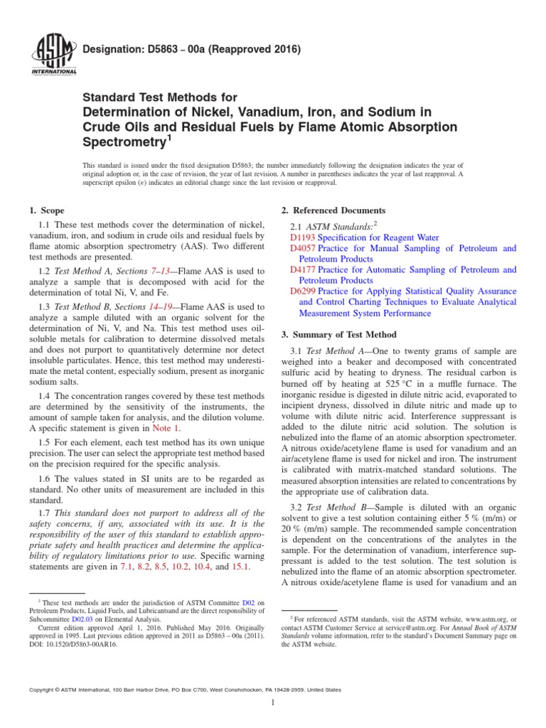Determination of nickel vanadium iron and sodium in crude oils and