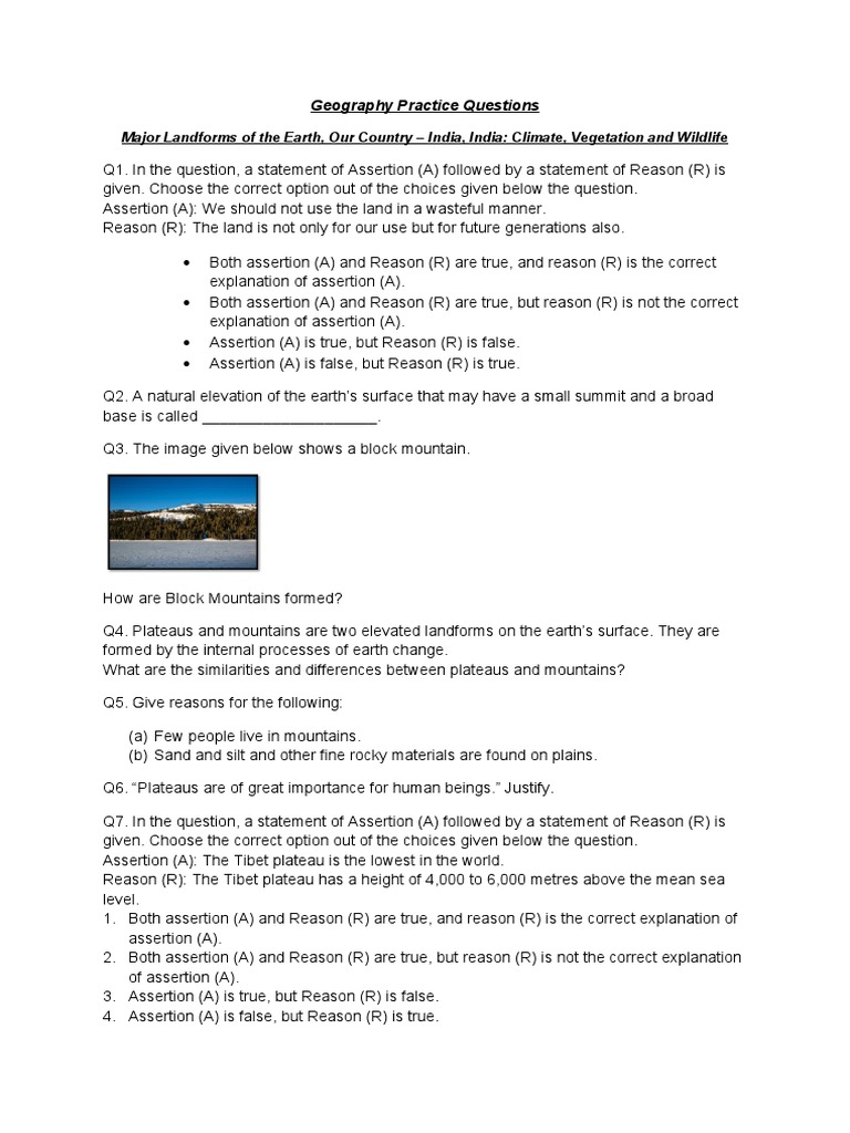 Geography Practice Questions PDF Mountains Plateau