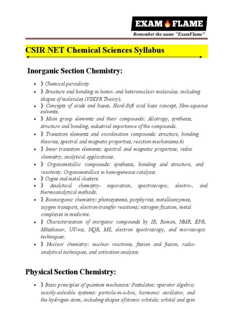 CSIR NET Chemical Sciences Syllabus PDF Chemical Reactions Chemistry