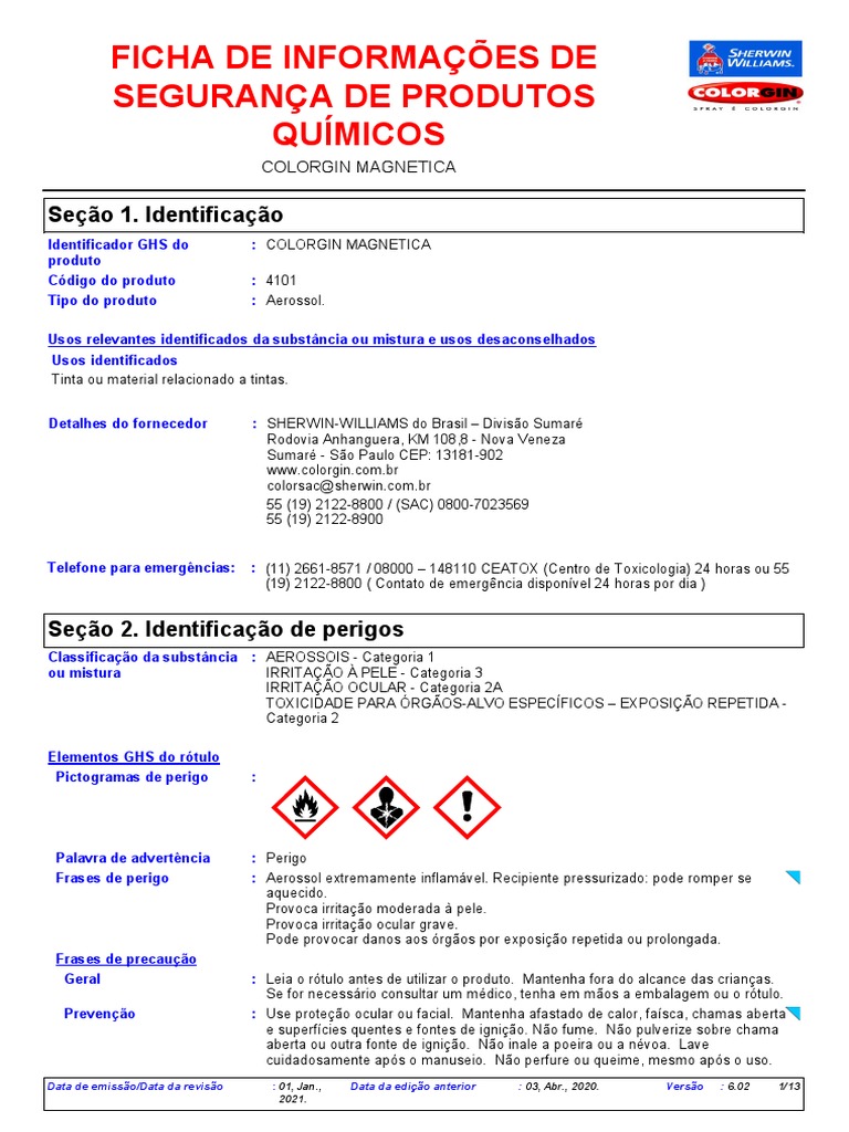 FISPQ Tinta Spray ColorGin Magnética | PDF | Desperdício | Química
